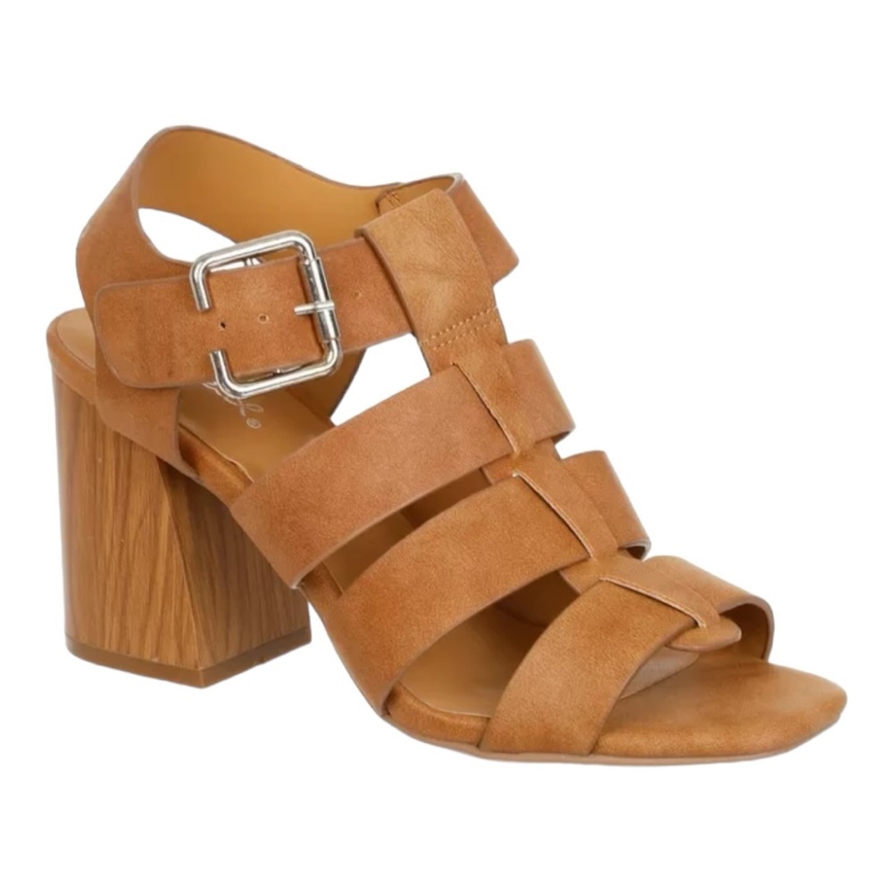 QUPID Women’s Dorcas Camel Nubuck Caged Open Toe Block Heel Sandals NWT